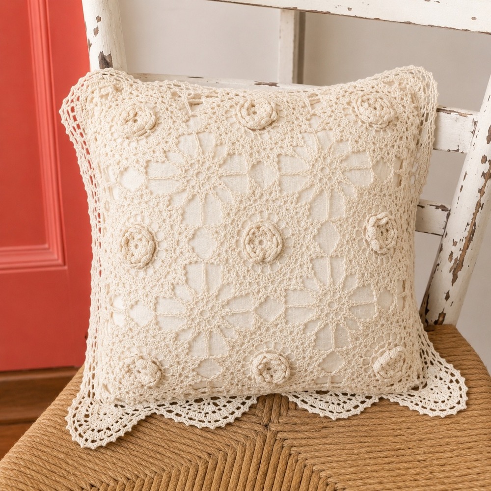 Crochet Lace Throw‎ Pillow Ivory Cottagecore Farmhouse Boho Country  Chic 10x10